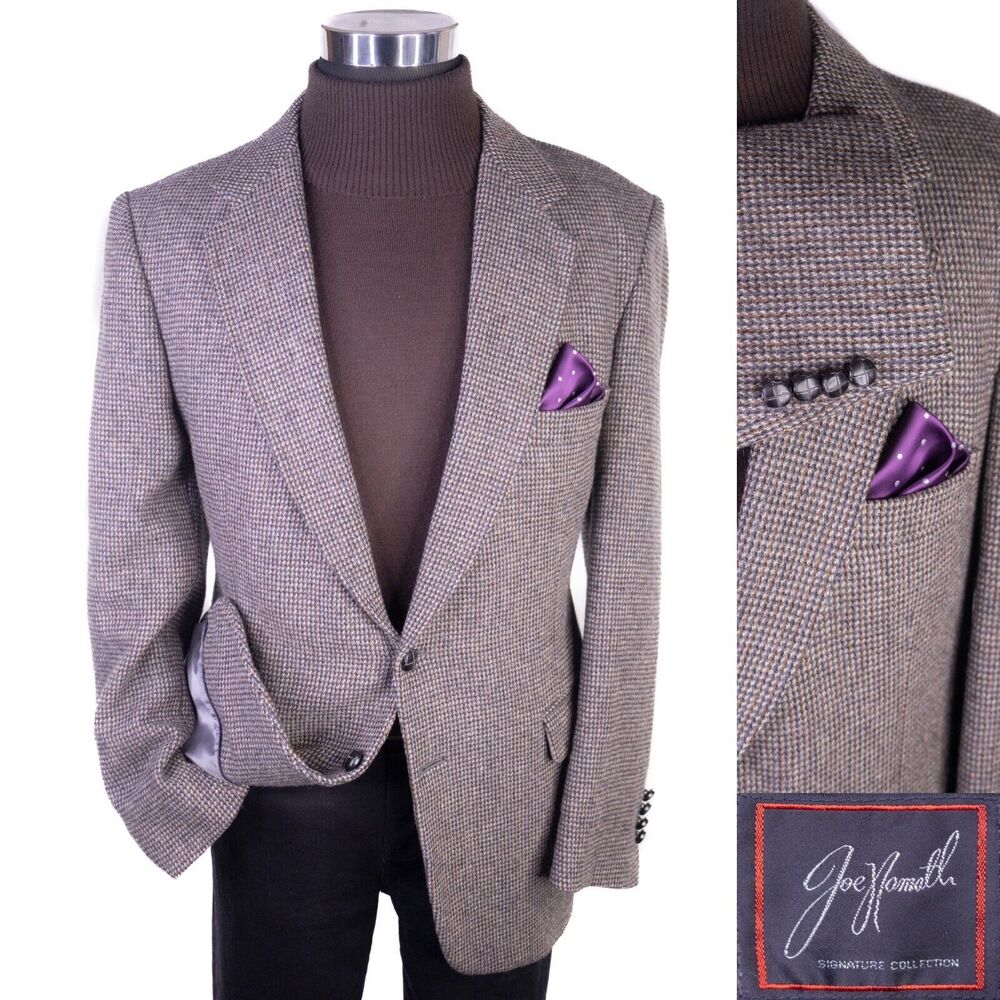 VTG Joe Namath Men's Tweed Sport Coat Blazer Two Button Wool Houndstooth 46R EUC